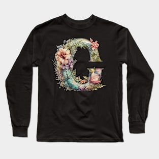 Floral Garden Watercolor Monogram Letter C Long Sleeve T-Shirt